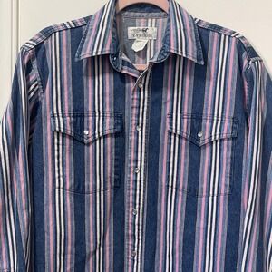 Drysdales Pearl Snap Western Shirt M Pink Blue Denim Stripe Twill Cowboy Rodeo